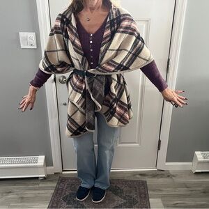 Plaid Belted Poncho Sweater